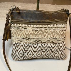 Myra Tan and Brown Canvas Rug Crossbody with Brown Leather Trim